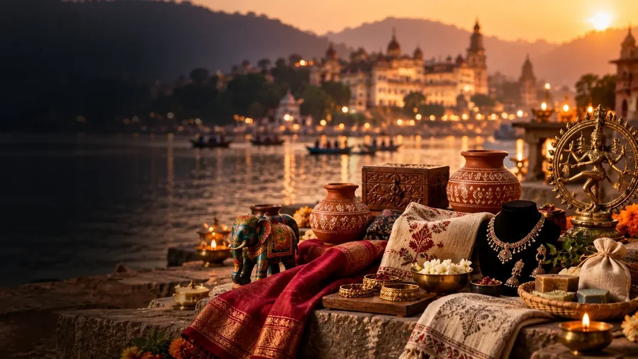 Terracotta pots, a carved box and silk scarves on the river steps
