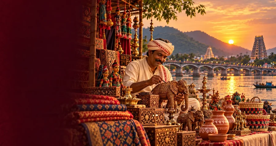 A craftsman carving a brass elephant at his stall