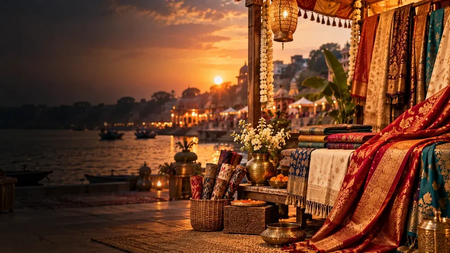 A weaver and handwoven textiles at the riverside bazaar