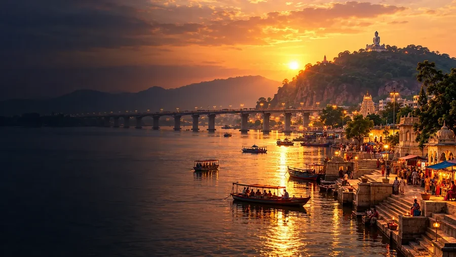 The Krishna river at Vijayawada at sunset, with boats and the lit riverfront
